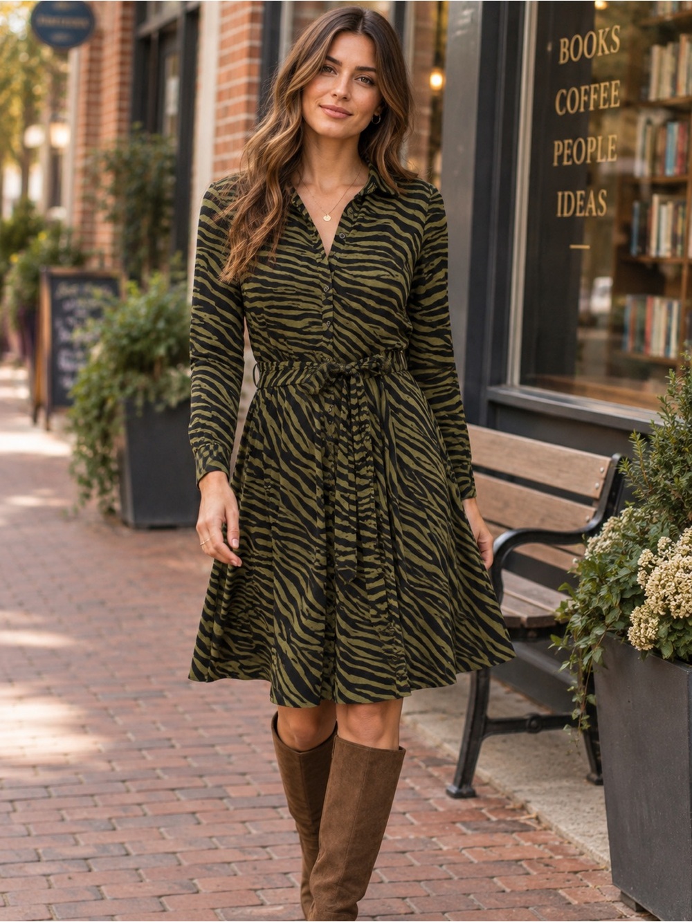 Boden Zebra Print Belted Shirt Dress Olive Black Tencel Modal Petite 6P